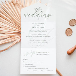 Invitación Todo En Uno Elegante Boda de caligrafía verde sabana