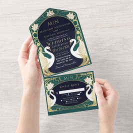 Invitación Todo En Uno Elegante Boda de cisnes Art Nouveau
