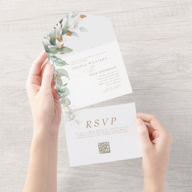 Invitación Todo En Uno Elegante Boda de código Eucalyptus Glam QR (desgarro)
