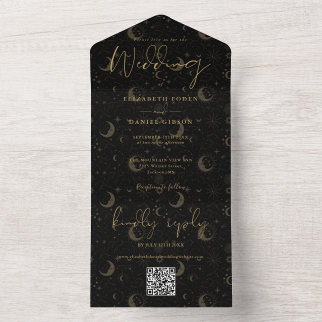 Invitación Todo En Uno Elegante Boda de código QR Celestial Negro Y Oro (Interior)