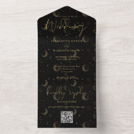 Invitación Todo En Uno Elegante Boda de código QR Celestial Negro Y Oro