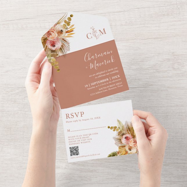 Invitación Todo En Uno Elegante Boda de código QR de Boho Terracotta Mono (desgarro)