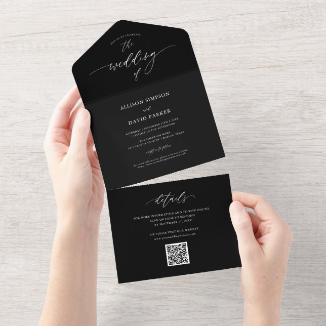 Invitación Todo En Uno Elegante Boda de código QR de caligrafía negra (desgarro)