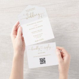 Invitación Todo En Uno Elegante Boda de código QR de Corazones de Oro