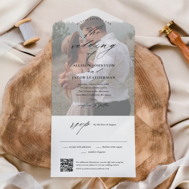 Invitación Todo En Uno Elegante boda de código QR de foto (Elegant Script Photo Wedding All in One Invitation with Tear off  RSVP Card.)