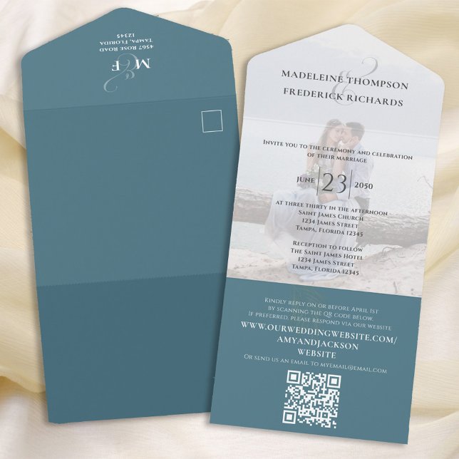 Invitación Todo En Uno Elegante Boda de código QR de foto azul (Subido por el creador)