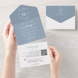 Invitación Todo En Uno Elegante Boda de código QR de monograma azul turbi