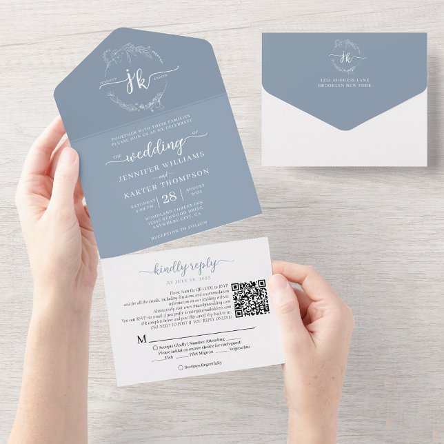 Invitación Todo En Uno Elegante Boda de código QR de monograma azul turbi (Subido por el creador)