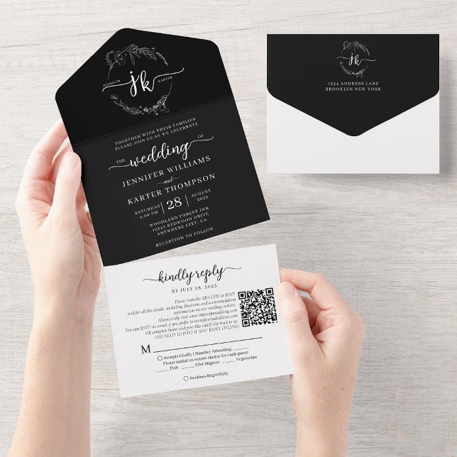 Invitación Todo En Uno Elegante Boda de código QR de monograma negro flor (Subido por el creador)