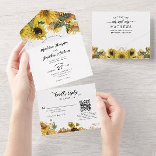 Invitación Todo En Uno Elegante Boda de código QR de oro de girasol rústi