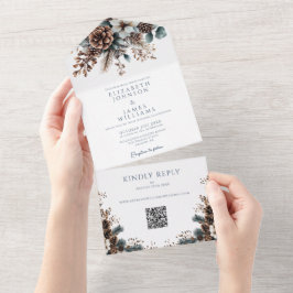 Invitación Todo En Uno Elegante Boda de código QR de pinecona floral flor