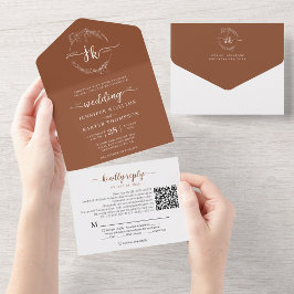 Invitación Todo En Uno Elegante Boda de código QR de terracota floral Mon