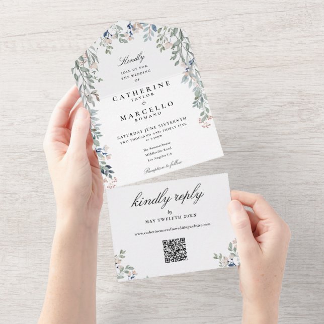 Invitación Todo En Uno Elegante Boda de código QR de vegetación floral (desgarro)