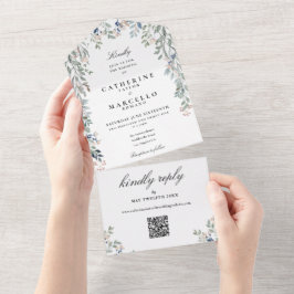 Invitación Todo En Uno Elegante Boda de código QR de vegetación floral