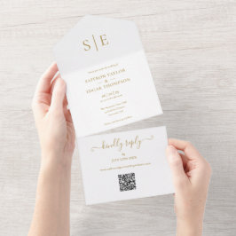 Invitación Todo En Uno Elegante Boda de código QR del Monograma Dorado