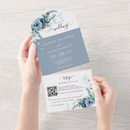 Invitación Todo En Uno Elegante Boda de código Qr floral azul turbio