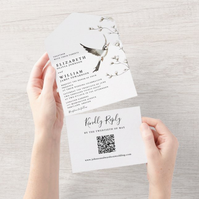 Invitación Todo En Uno Elegante Boda de código QR floral Chinoiserie blan (desgarro)