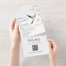 Invitación Todo En Uno Elegante Boda de código QR floral Chinoiserie blan