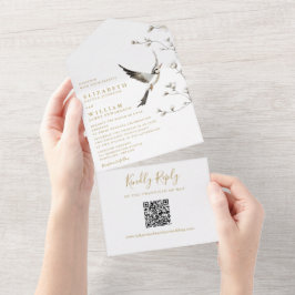 Invitación Todo En Uno Elegante Boda de código QR floral Chinoiserie Gold