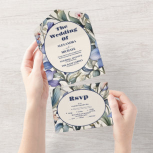 Invitación Todo En Uno Elegante Boda de color azul floral