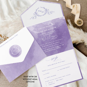 Invitación Todo En Uno Elegante Boda de color de color morado monográfico