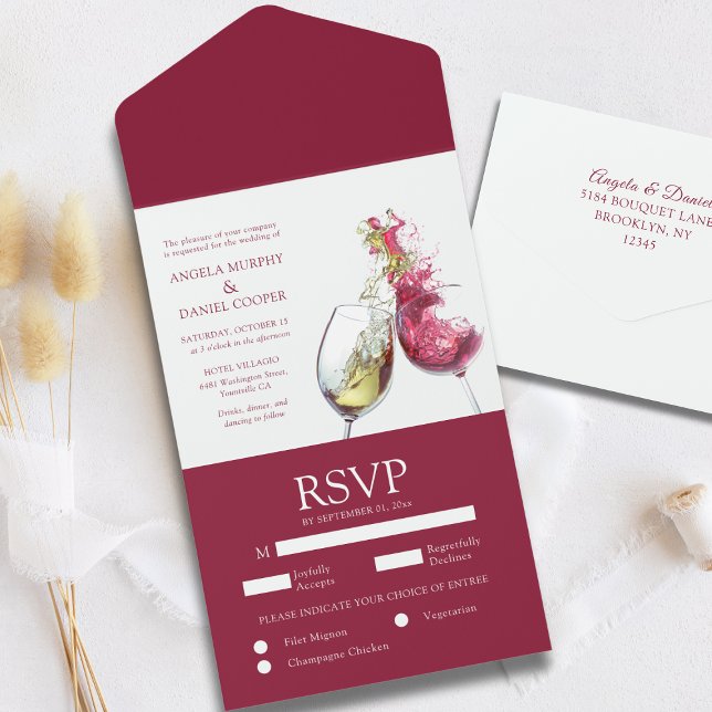 Invitación Todo En Uno Elegante Boda de danza vitivinícola roja y blanca (Subido por el creador)