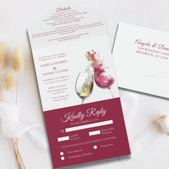 Invitación Todo En Uno Elegante Boda de danza vitivinícola roja y blanca (Subido por el creador)