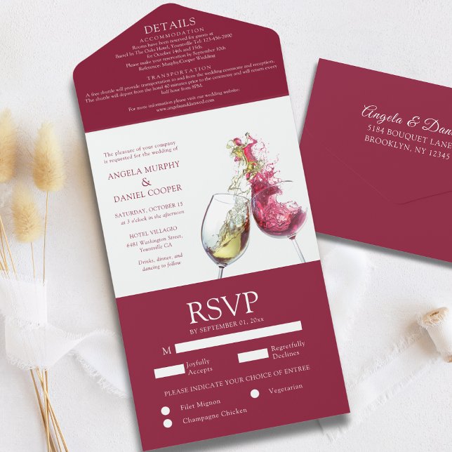 Invitación Todo En Uno Elegante Boda de danza vitivinícola roja y blanca (Subido por el creador)