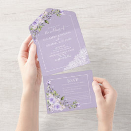 Invitación Todo En Uno Elegante Boda de encaje rústico Lilac Lavender
