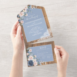 Invitación Todo En Uno Elegante Boda de encaje rústico Rubor Dusty Blue