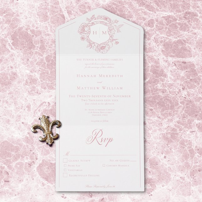Invitación Todo En Uno Elegante Boda de Escudo de pájaros de Chinoiserie  (Elegant Pink Chinoiserie Bird Crest Wedding QR All All In One Invitation)