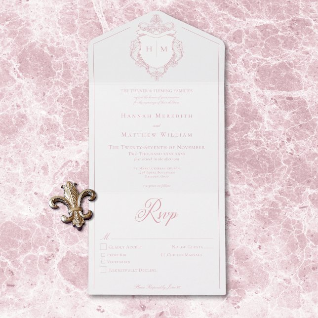 Invitación Todo En Uno Elegante Boda de Escudo de pájaros de Chinoiserie  (Elegant Pink Chinoiserie Bird Crest Wedding Dinner All In One Invitation)