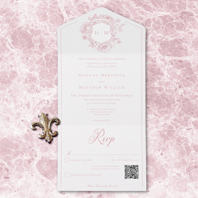 Invitación Todo En Uno Elegante Boda de Escudo de pájaros de Chinoiserie  (Elegant Pink Chinoiserie Bird Crest Wedding QR All All In One Invitation)