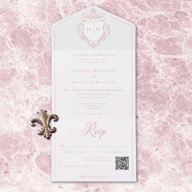 Invitación Todo En Uno Elegante Boda de Escudo de pájaros de Chinoiserie  (Elegant Pink Chinoiserie Bird Crest Wedding QR All In One Invitation)