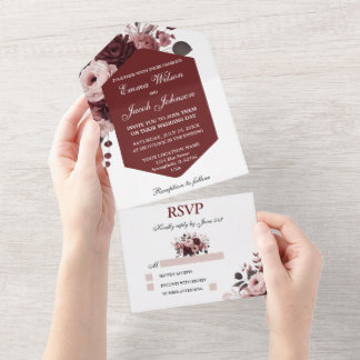 Invitación Todo En Uno Elegante Boda de Floral Rosa Borgoña