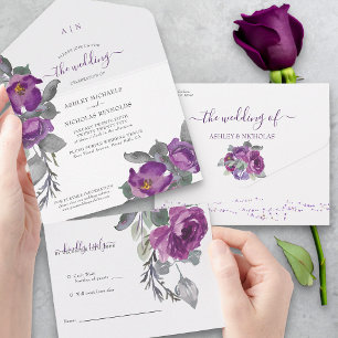 Invitación Todo En Uno Elegante Boda de flores de color morado