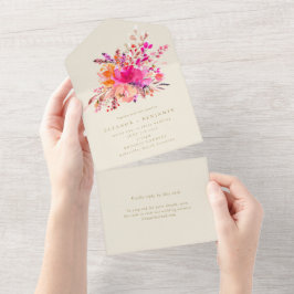 Invitación Todo En Uno Elegante Boda de flores de color rosa brillante