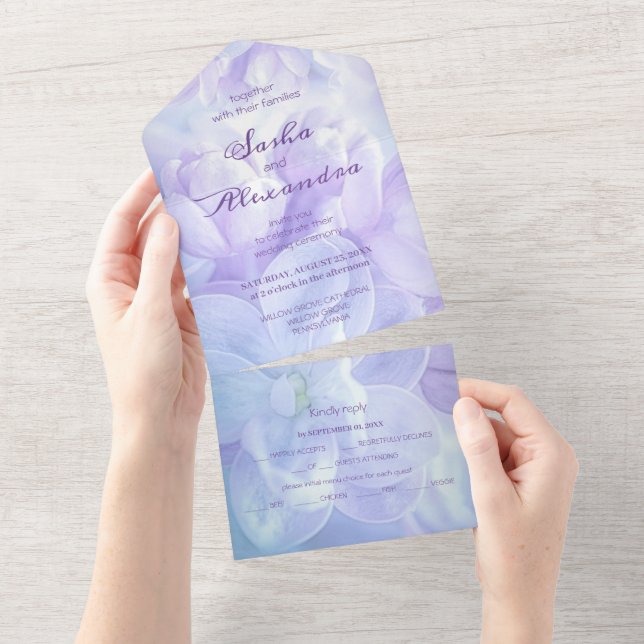 Invitación Todo En Uno Elegante Boda de Flores de Lino Púrpura Ligera (desgarro)