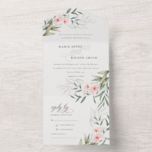 Invitación Todo En Uno Elegante Boda de flores de Rubor Greenery