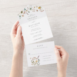 Invitación Todo En Uno Elegante Boda de Flores Presionadas de acuarela