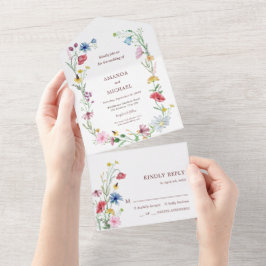 Invitación Todo En Uno Elegante Boda de Flores Silvestres