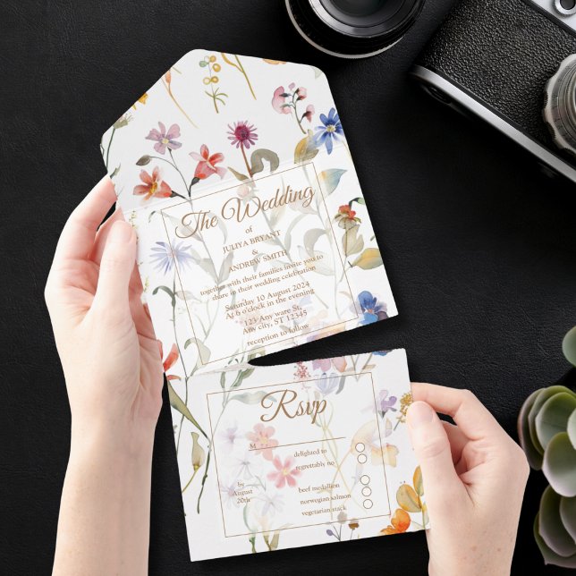 Invitación Todo En Uno Elegante boda de flores silvestres acuáticas (Subido por el creador)