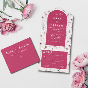 Invitación Todo En Uno Elegante boda de flores silvestres rosadas