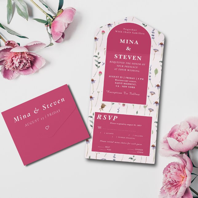Invitación Todo En Uno Elegante boda de flores silvestres rosadas (Subido por el creador)