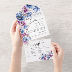 Invitación Todo En Uno Elegante Boda De Flores Violetas Azules De Uno En