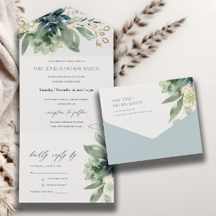Invitación Todo En Uno Elegante Boda de Foliage Dusky Blue Green