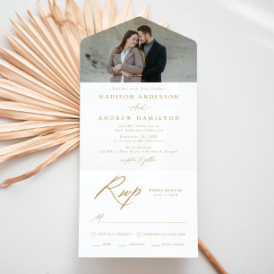 Invitación Todo En Uno Elegante Boda de Fotografía con Caligrafía en Oro