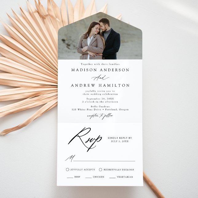 Invitación Todo En Uno Elegante Boda de fotografía de caligrafía negra (Subido por el creador)