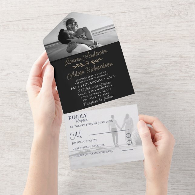 Invitación Todo En Uno Elegante Boda de fotografía de caligrafía negra y  (desgarro)