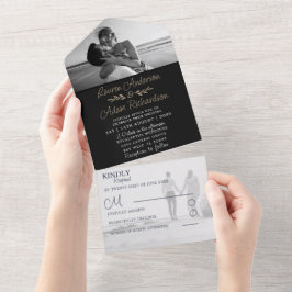Invitación Todo En Uno Elegante Boda de fotografía de caligrafía negra y 